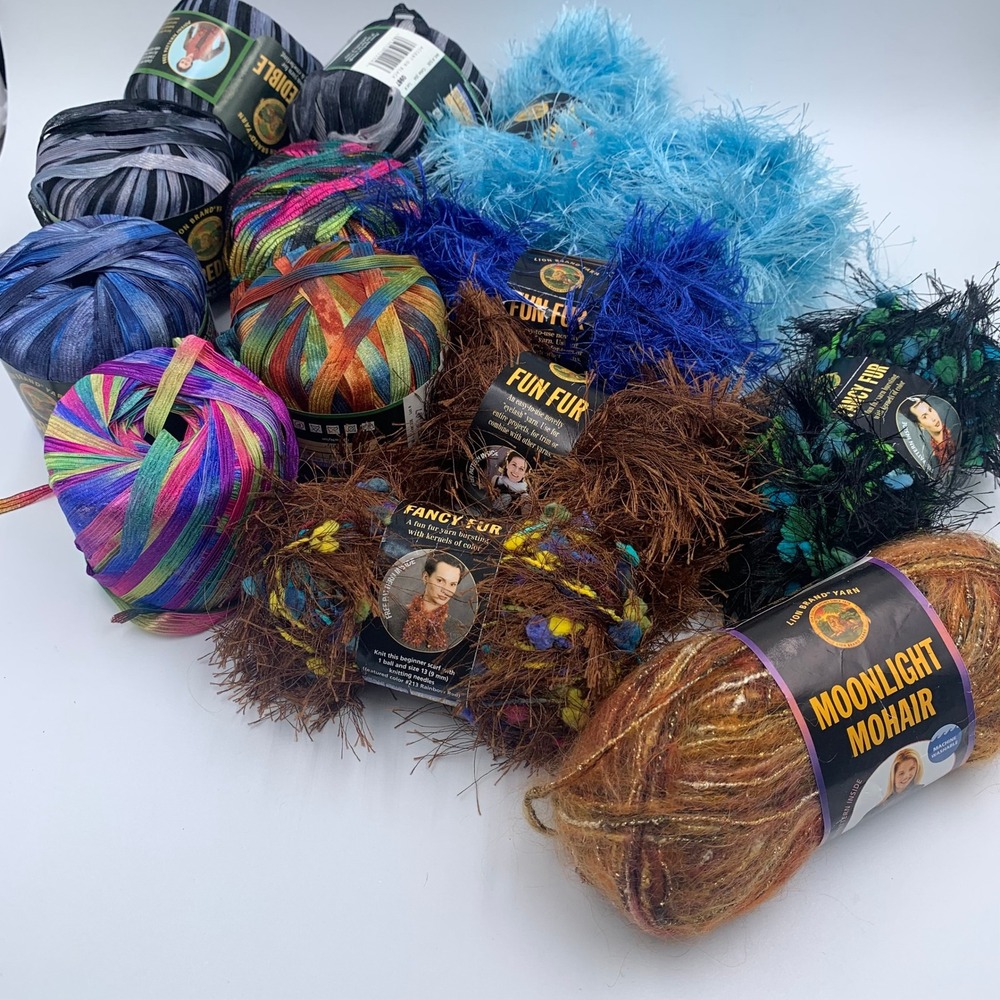Mixed Lion Brand Yarn Destash Lot 13 Incredible Ribbon Fun Fur Mohair Vintage